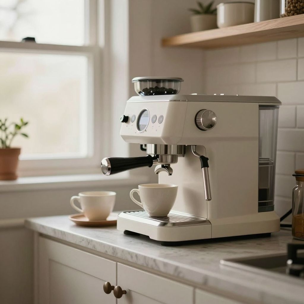 An espresso machine on a kitchen counter with two cups