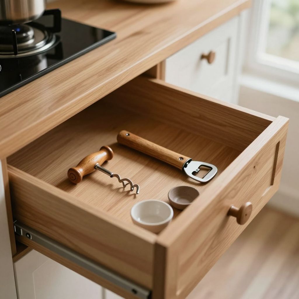 An open kitchen drawer with a corkscrew and a bottle opener