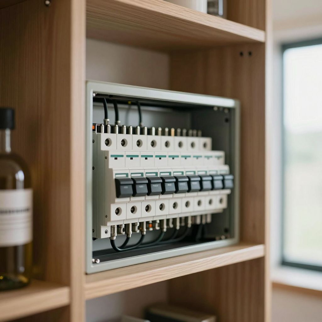 An open electrical fuse box inside a hallway cupboard