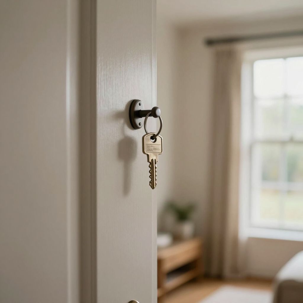A spare key hanging on a hook by the front door