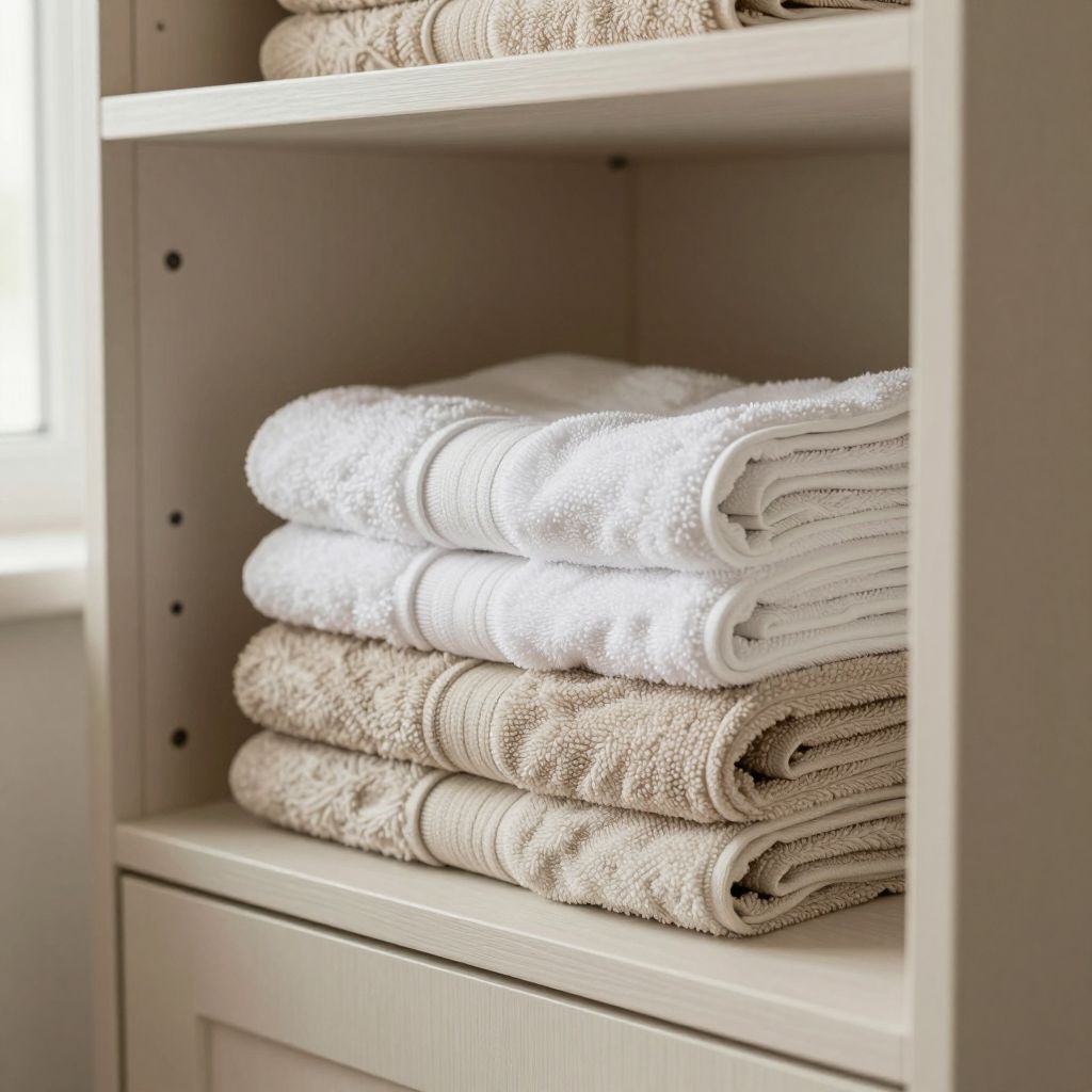 A neat stack of folded towels in an open linen cupboard