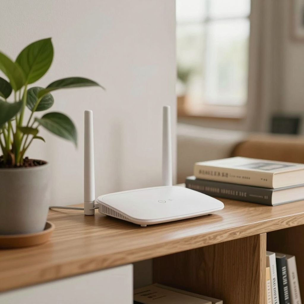 A Wi-Fi router on a living-room shelf beside a plant and books